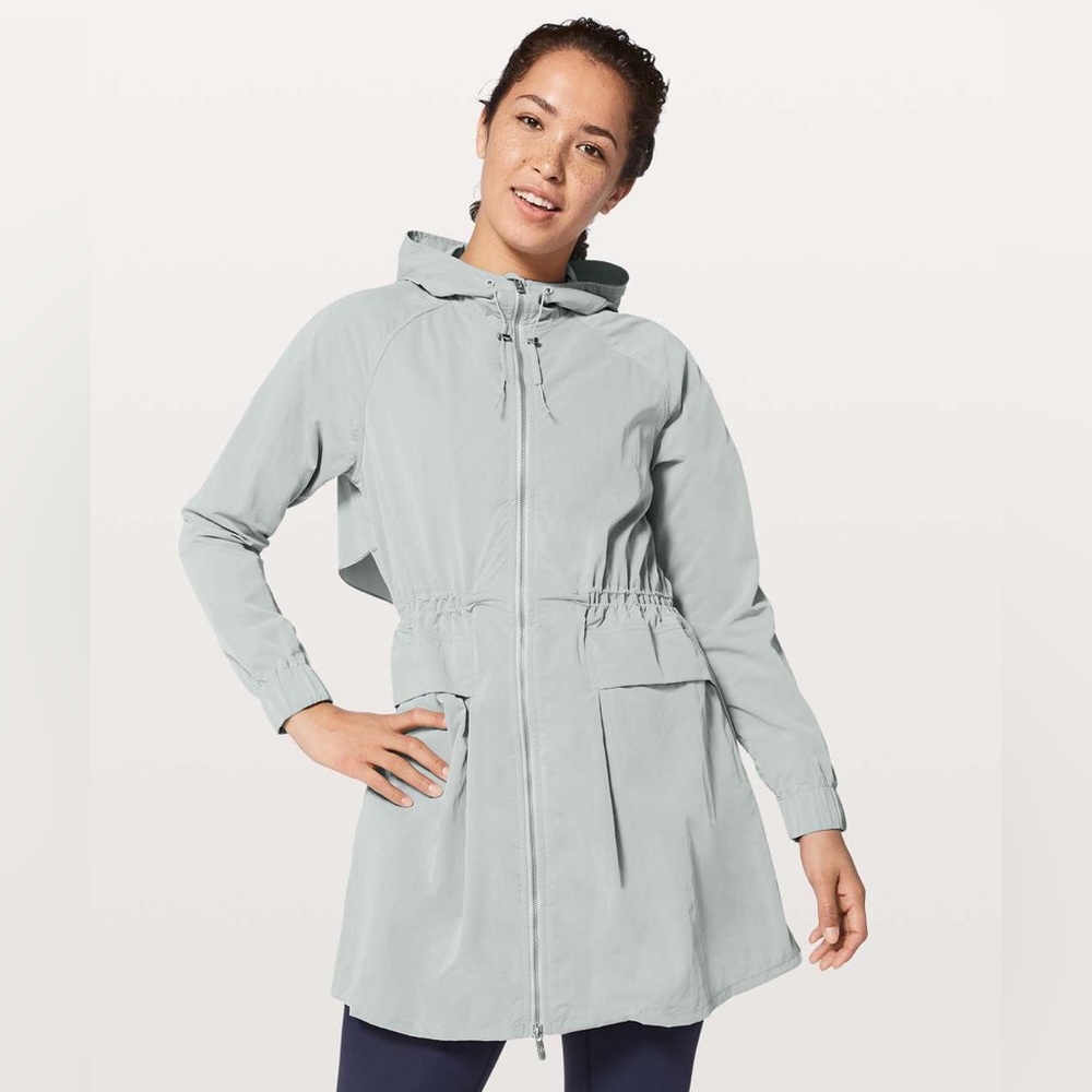 Lululemon Pack & Glyde Long Jacket Silver Drop Hooded Windbreaker Parka Size 12